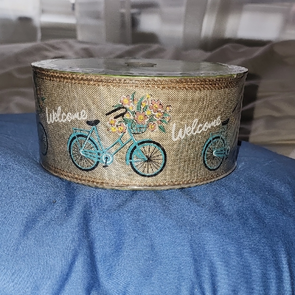 Welcome Bicycle Decorative Burlap Ribbon - Blue